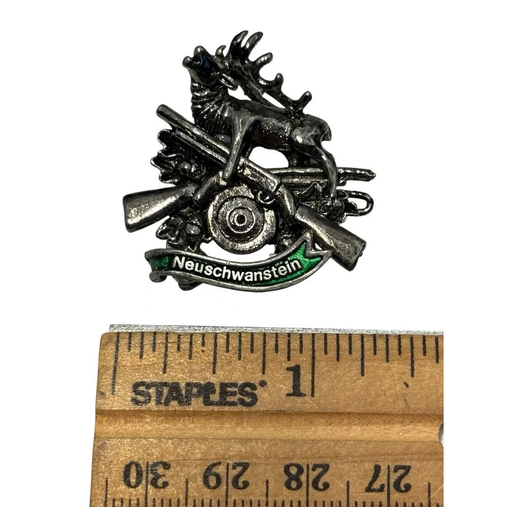 Vintage Neuschwanstein Silver Tone Enamel German Hunting Alpine Stag Brooch Pin
